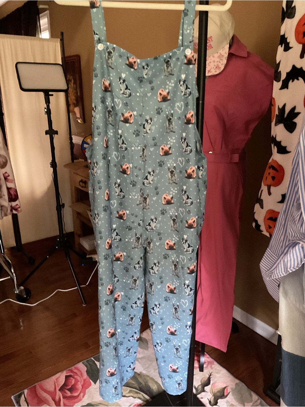Frenchie Print Light Blue Overall Jumpsuit
